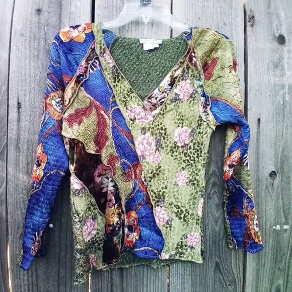 ALBERTO MAKALI Y2K VINTAGE ART TO WEAR COLOR BLOCK PRINT CRINKLE TOP SZ M BOHO - Picture 2 of 11